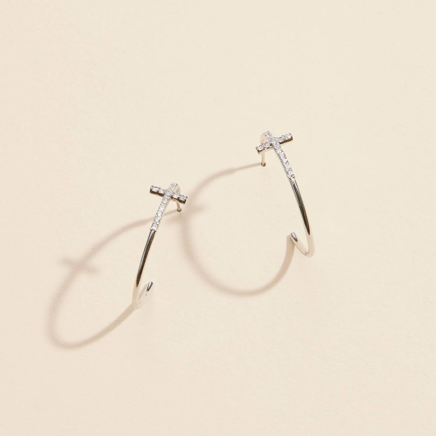 Cross Rhinestone White Gold Hoops