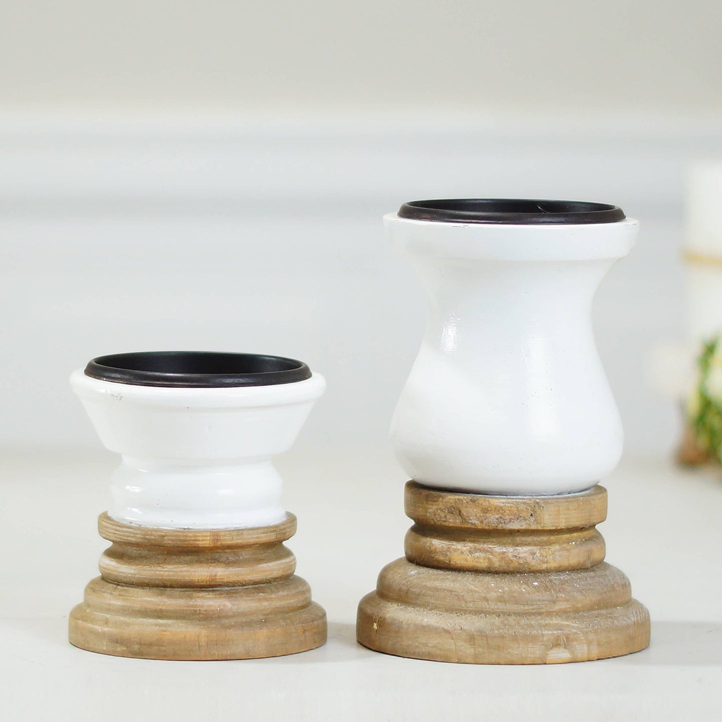 Metal & Wood White Candle Holders