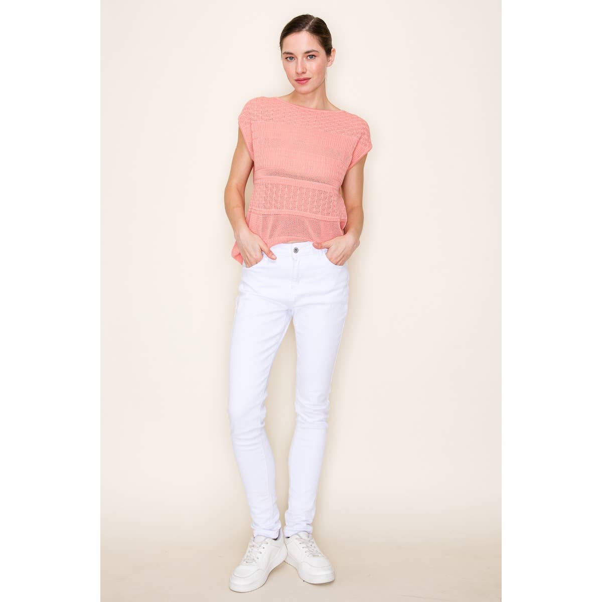 White Pointelle Crochet Sleeveless Sweater