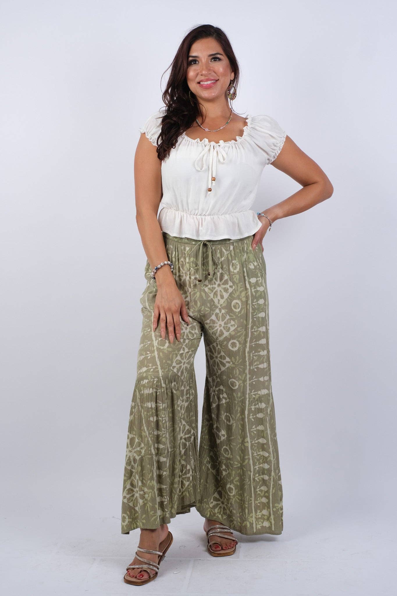 Olive Blockprint Flared Hippie Pants