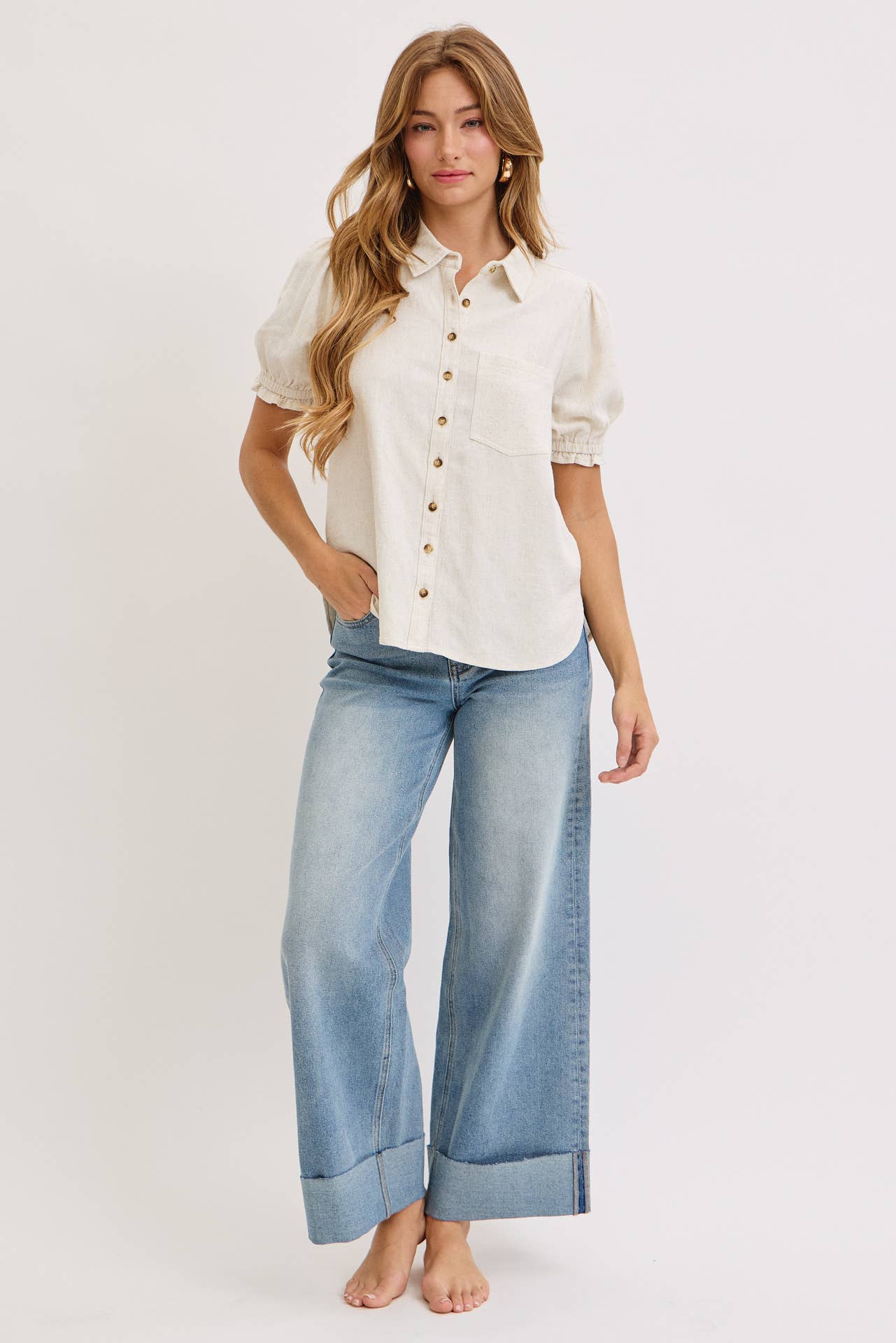 Linen & Lace Puff Top