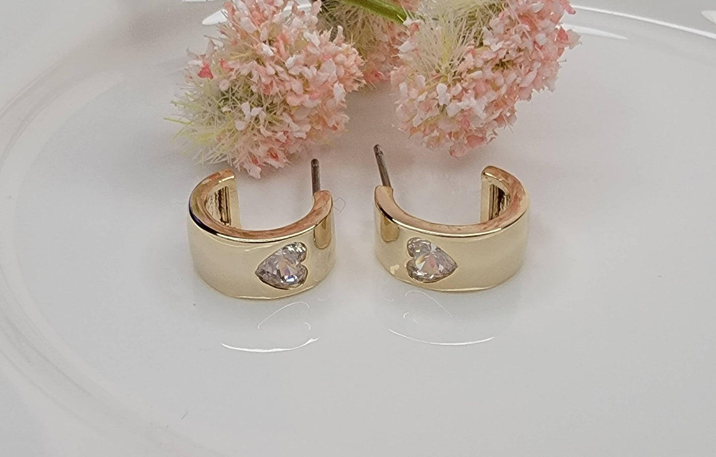 SINGLE HEART CZ DECO HOOP EARRINGS.