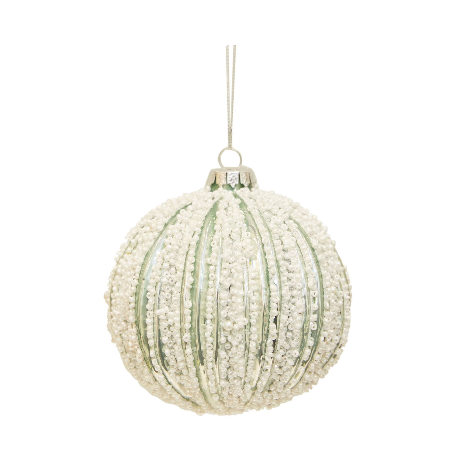 Glass Orn Green White Beads