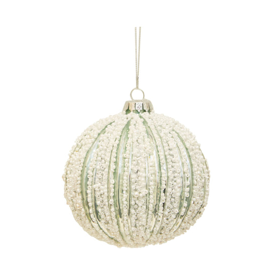 Glass Orn Green White Beads