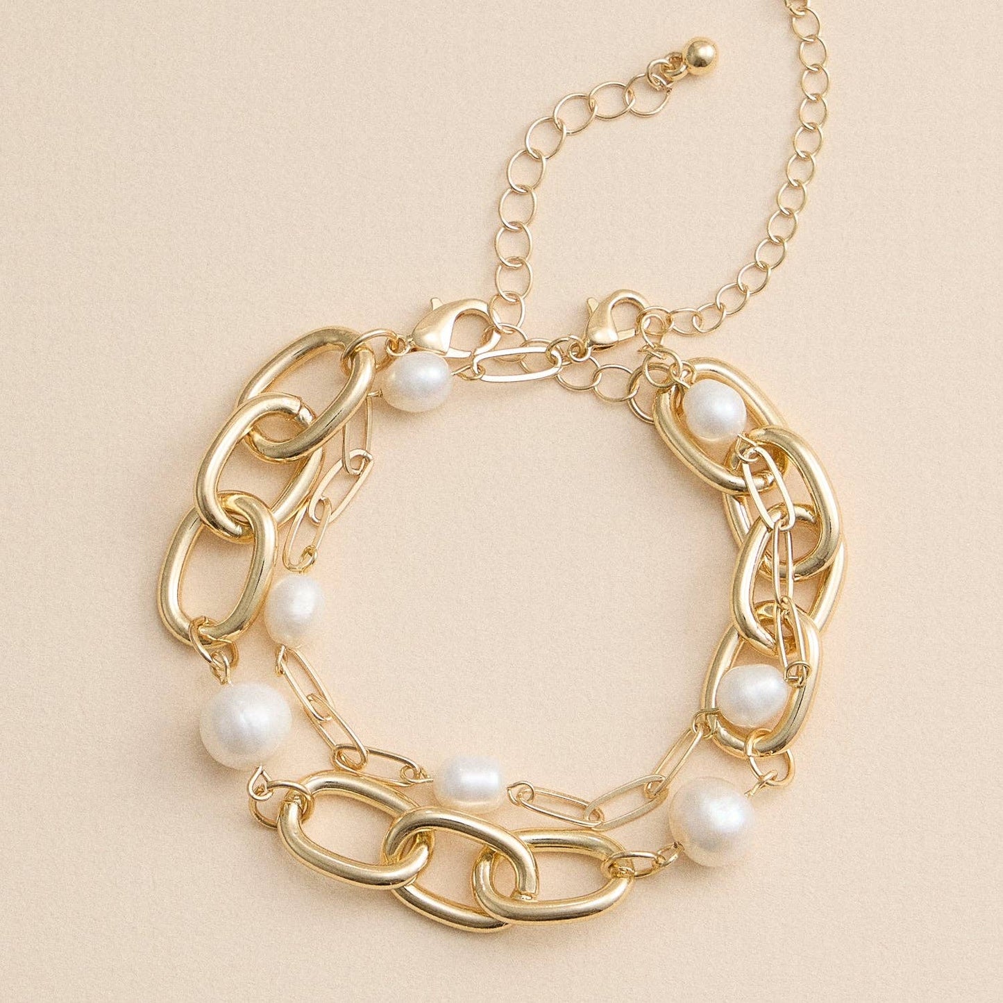 Gold Chain Link and Freshwater Pearl Layered Bracelet Set