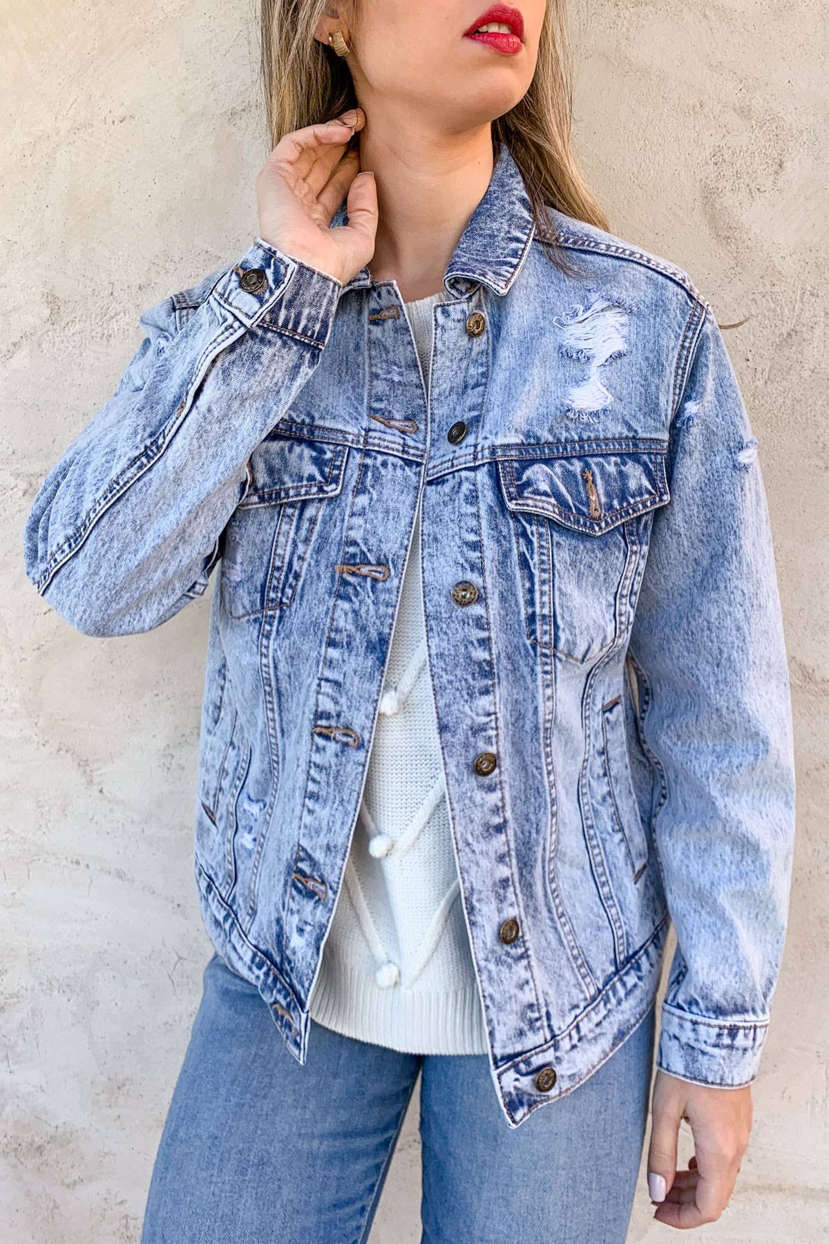 Blue Distressed Casual Denim Jacket