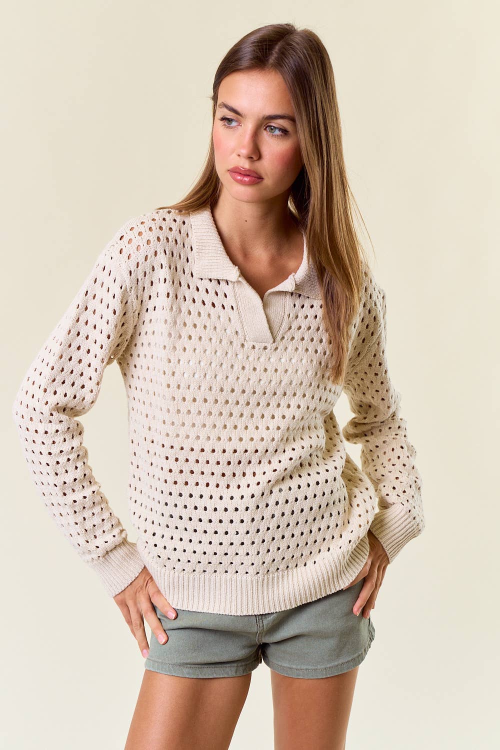 Crochet Vneck LS Polo Top