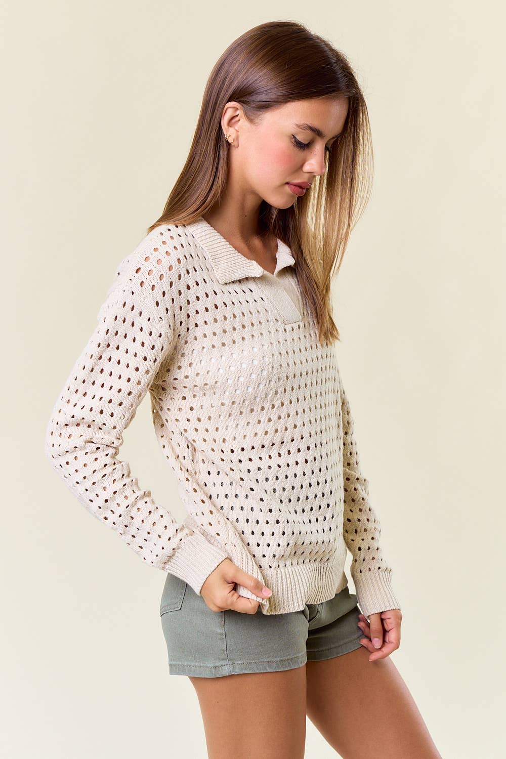 Crochet Vneck LS Polo Top
