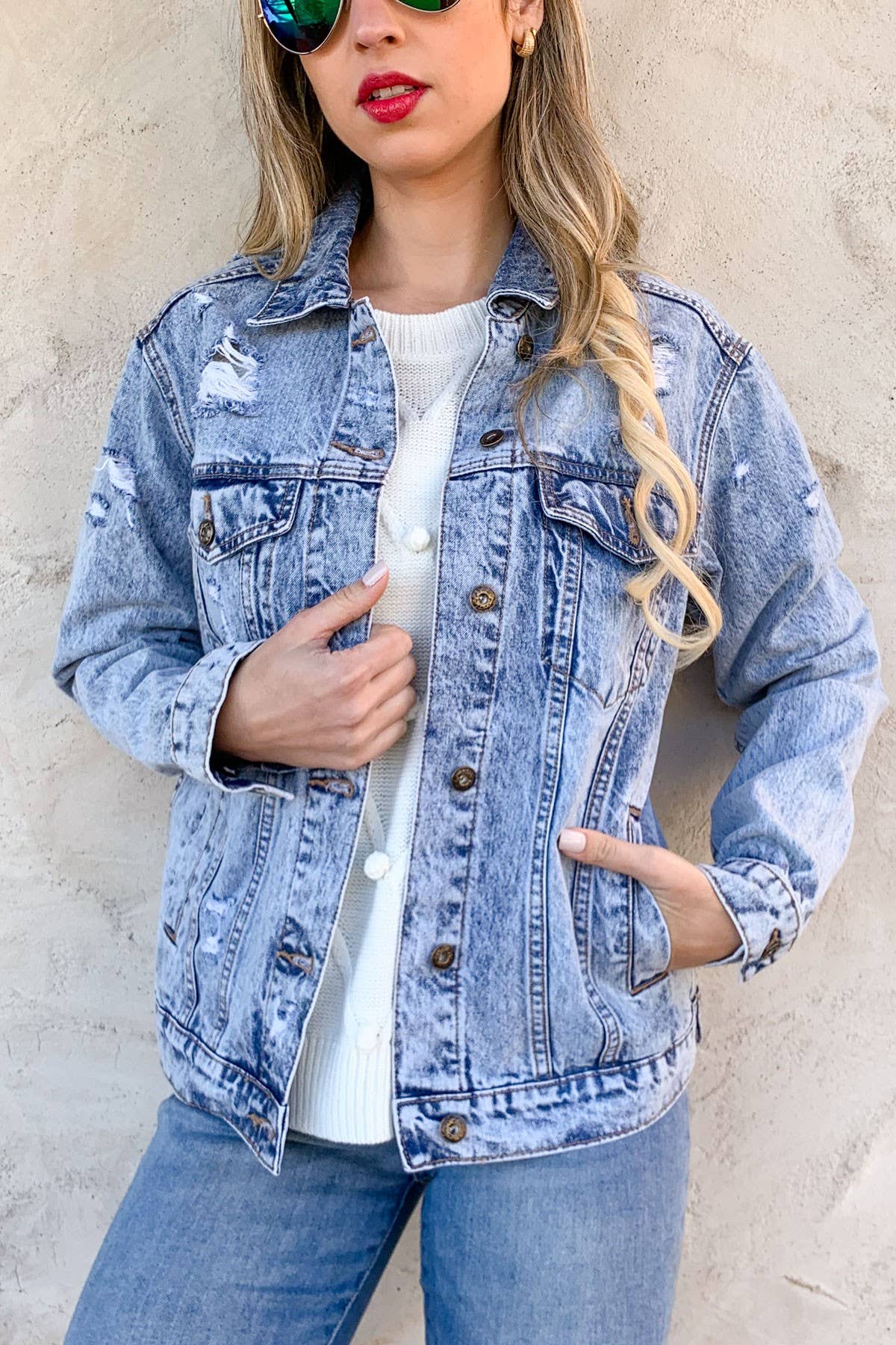 Blue Distressed Casual Denim Jacket