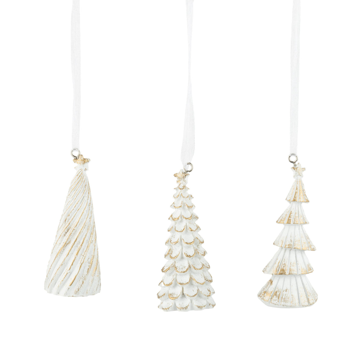 A21693:3 Asst'd painted resin tree orn, white/gold, 3 in