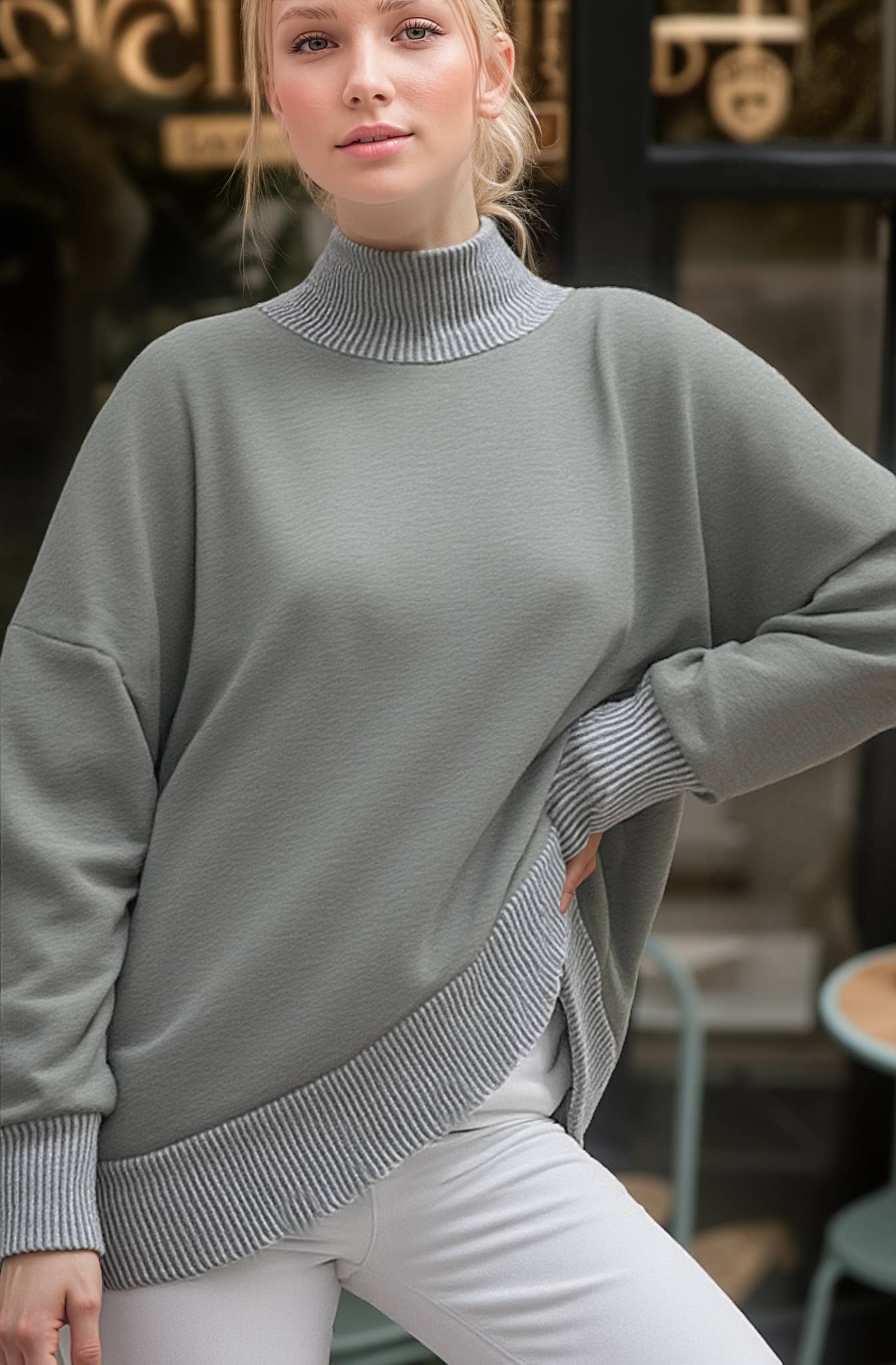 MOCK NECK SWEATSHIRT WITH COLLAR SLIT DETAIL