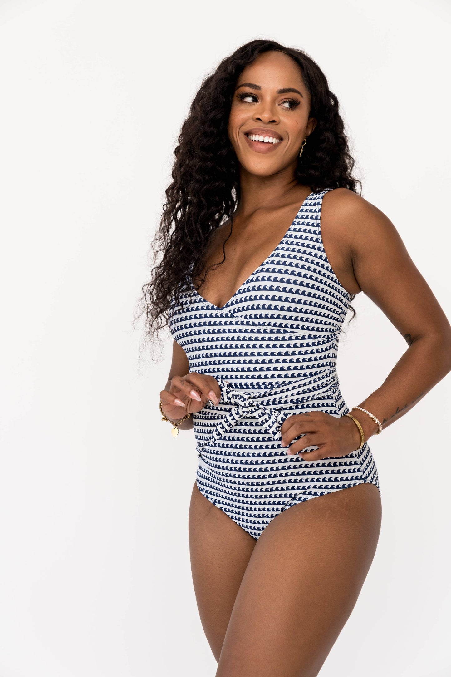 Seaside Navy Wave Wrap Front One Piece