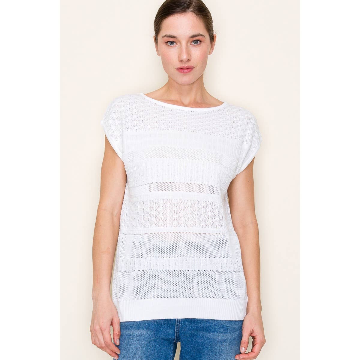 White Pointelle Crochet Sleeveless Sweater