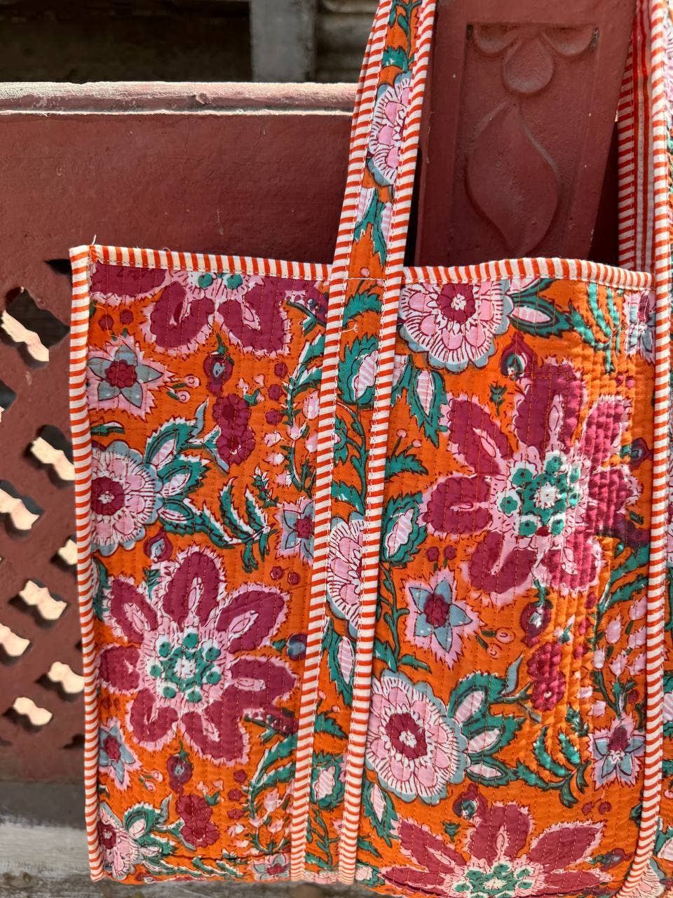 Orange Cotton Bag Floral Printed Bag Travel Bag Grocery Bags