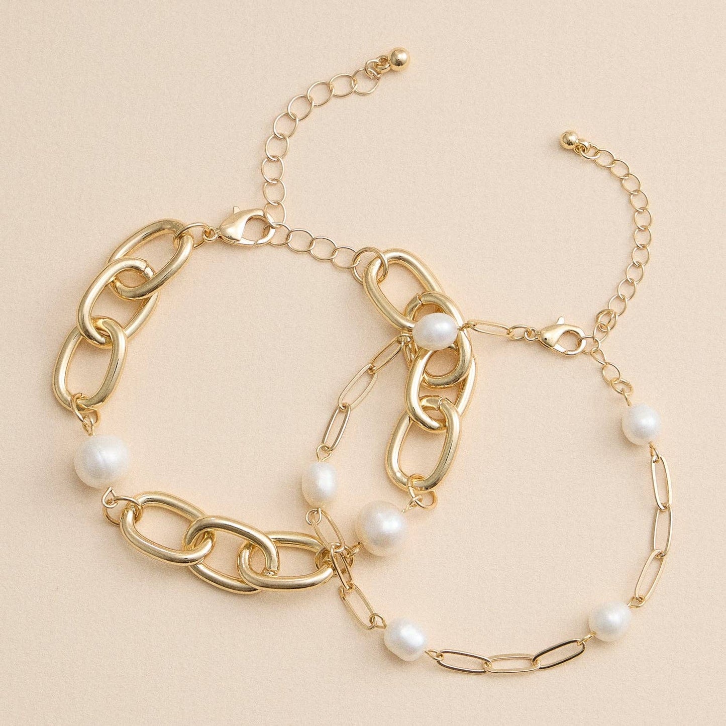 Gold Chain Link and Freshwater Pearl Layered Bracelet Set