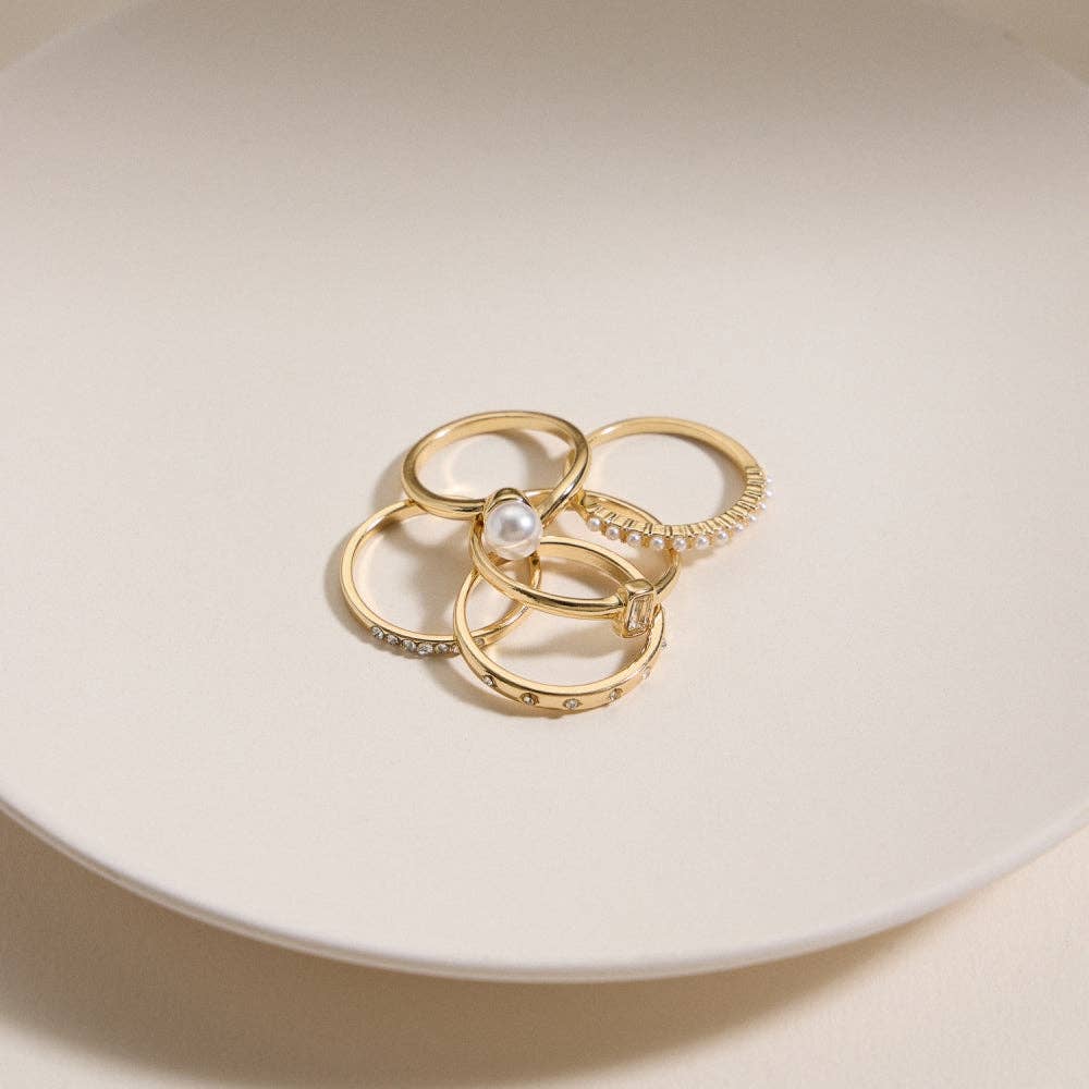 Gold Pearl and Crystal Ring Set