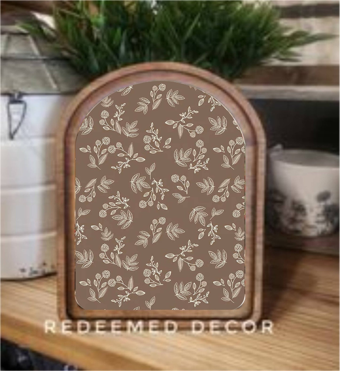 Arch Top Brown Leaf Pattern Framed Art