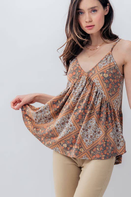 GEO FLORAL PEPLUM TANK