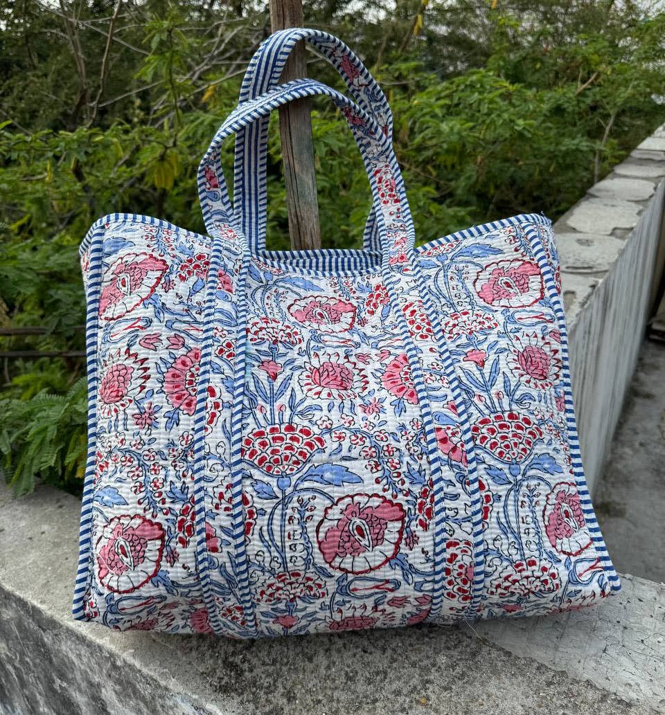 Block Print Large Quilted Overnight Weekender Beach Tote Bag