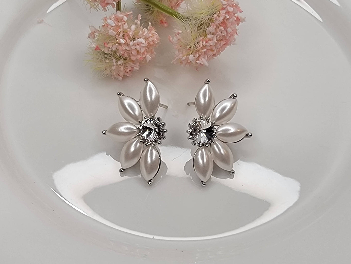 Hypoallergenic Silver Post Swarovski Stone, Faux Pearl