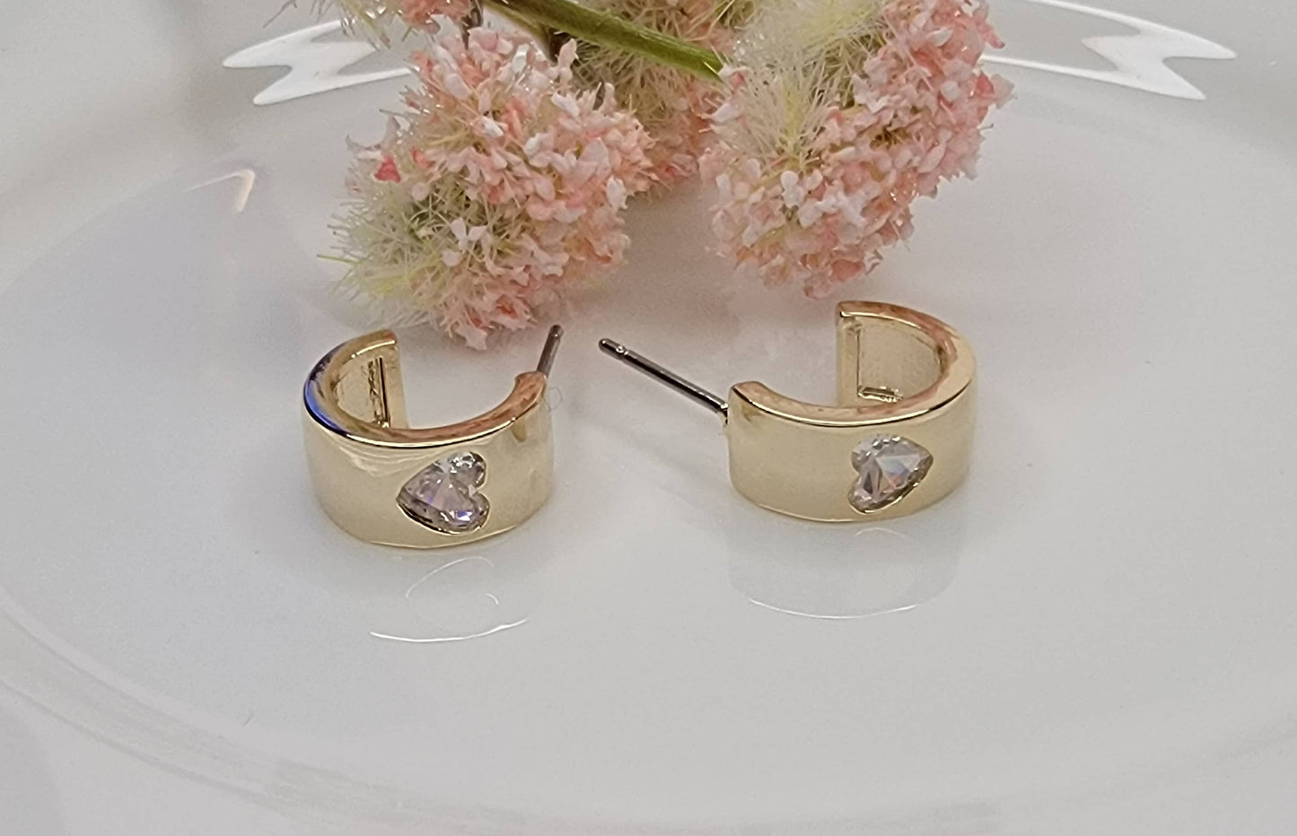 SINGLE HEART CZ DECO HOOP EARRINGS.