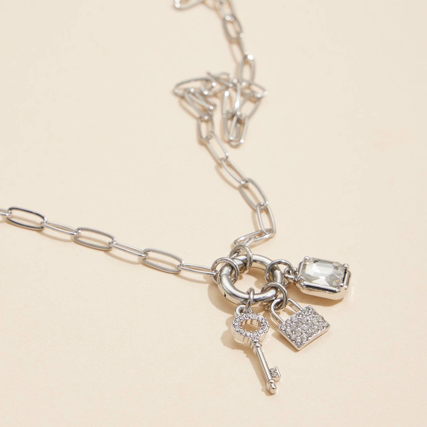 Gold Dipped Charm Necklace with Key and Gemstone Accents