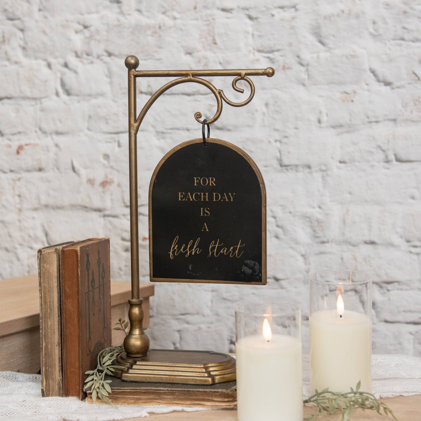 BLACK & GOLD HANGING SIGN ON STAND