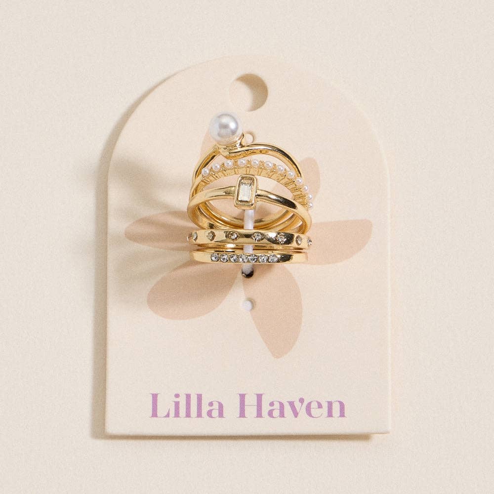 Gold Pearl and Crystal Ring Set