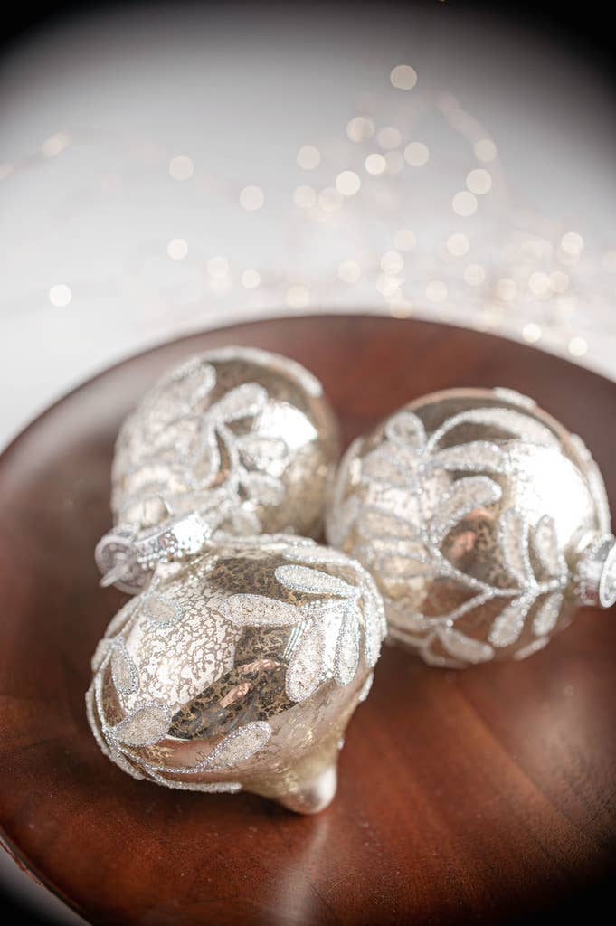 Glitter Leaf Glass Ball Ornament 4" Silver Mercury