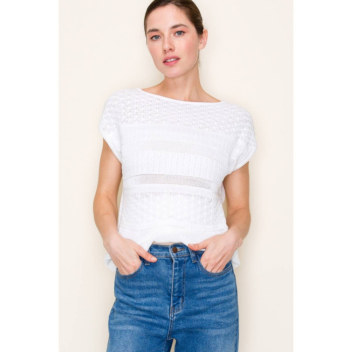 White Pointelle Crochet Sleeveless Sweater