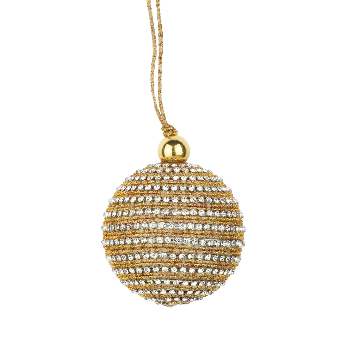 A80582: Gold cord,clear glass jewels on metal ball orn,2in