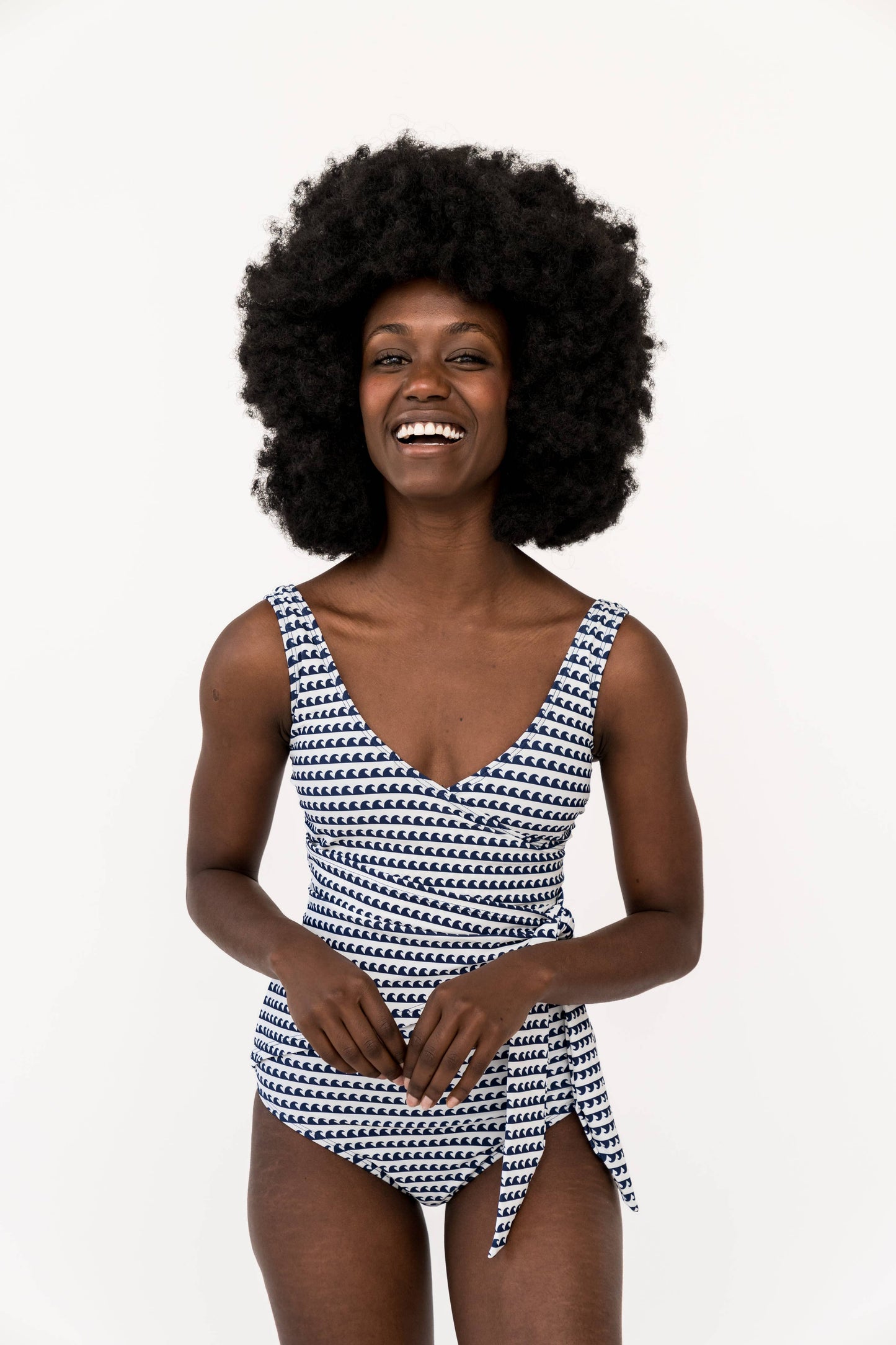 Seaside Navy Wave Wrap Front One Piece