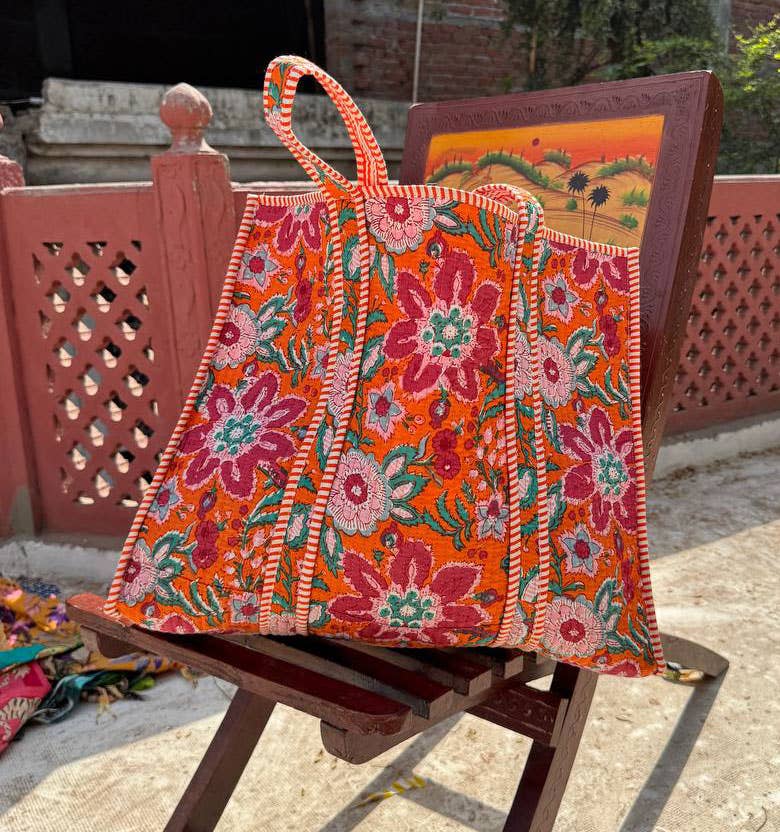 Orange Cotton Bag Floral Printed Bag Travel Bag Grocery Bags
