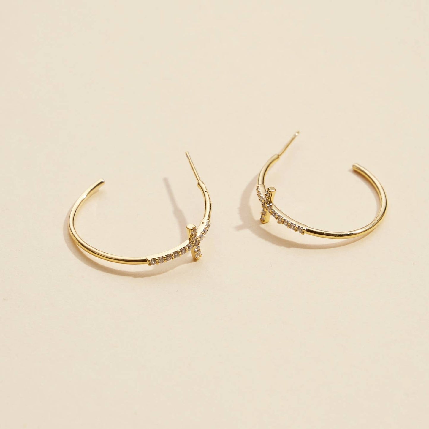 Cross Rhinestone White Gold Hoops