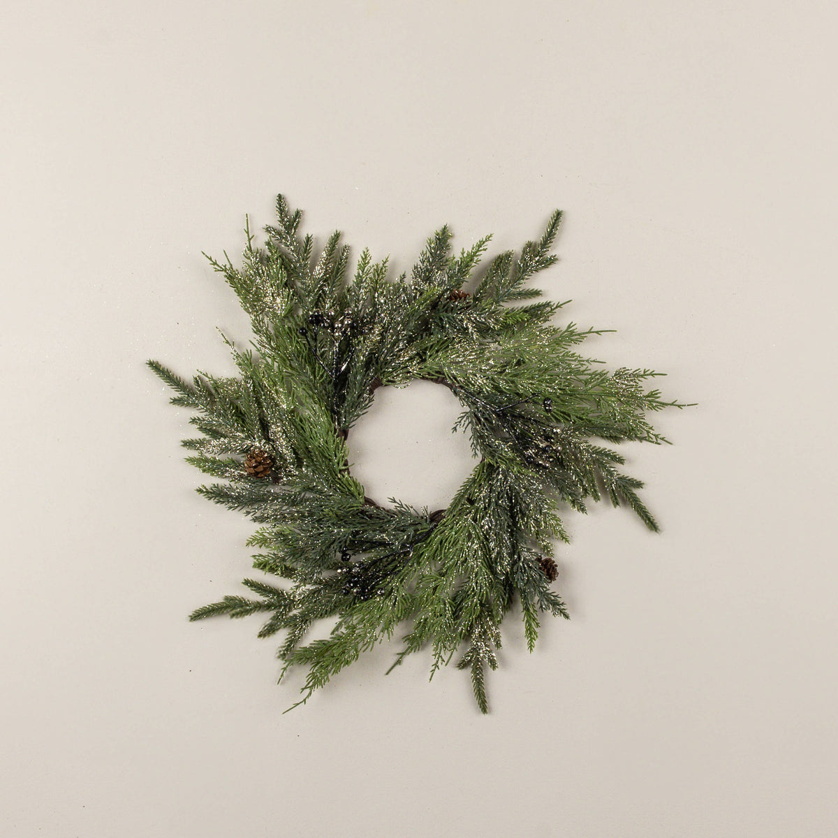 16" GOLD GLITTERED JUNIPER W/ PINECONES CANDLE RING