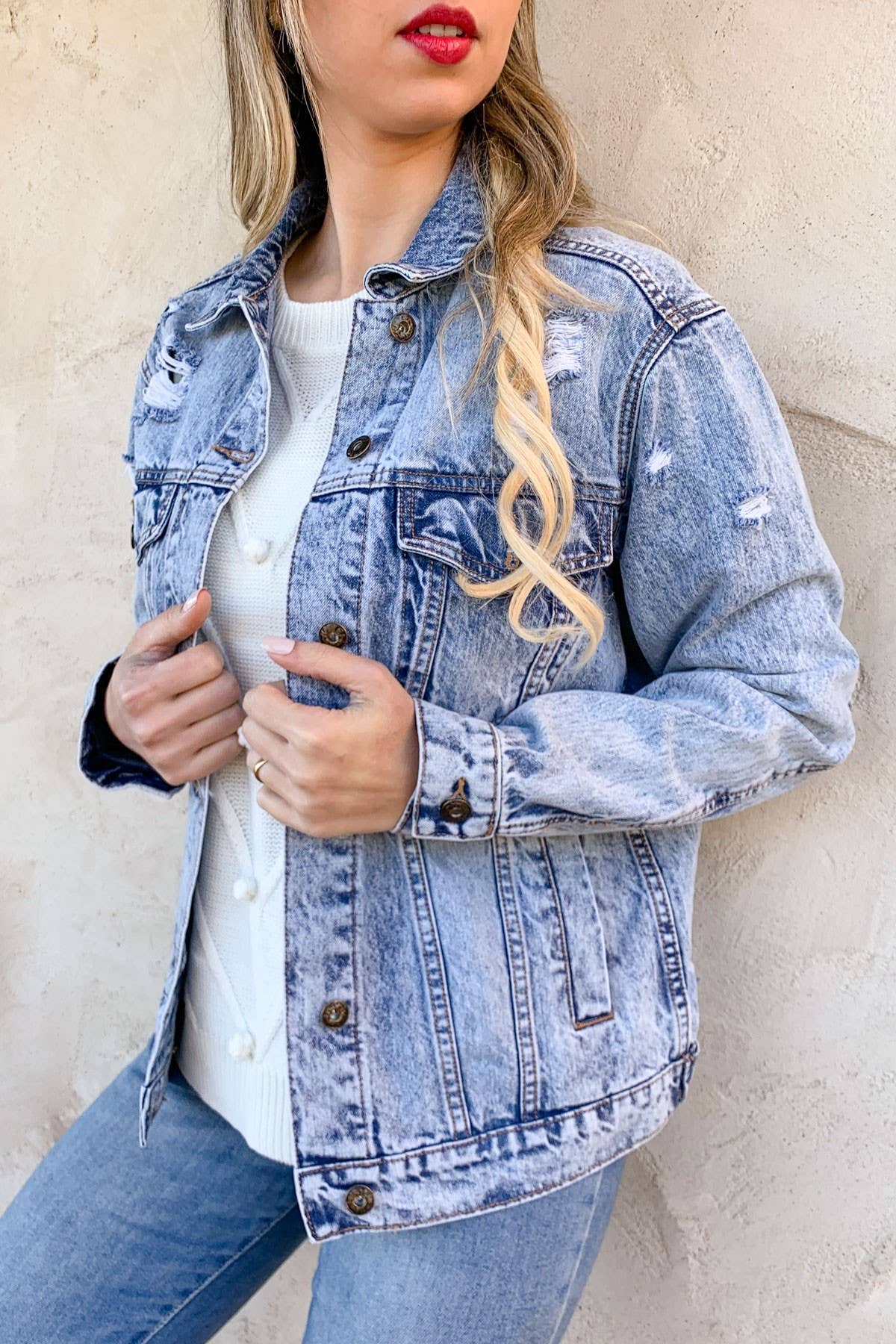 Blue Distressed Casual Denim Jacket