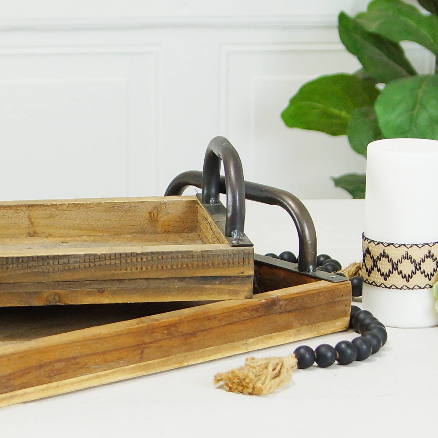 Wood & Metal Handle Rectangle Trays