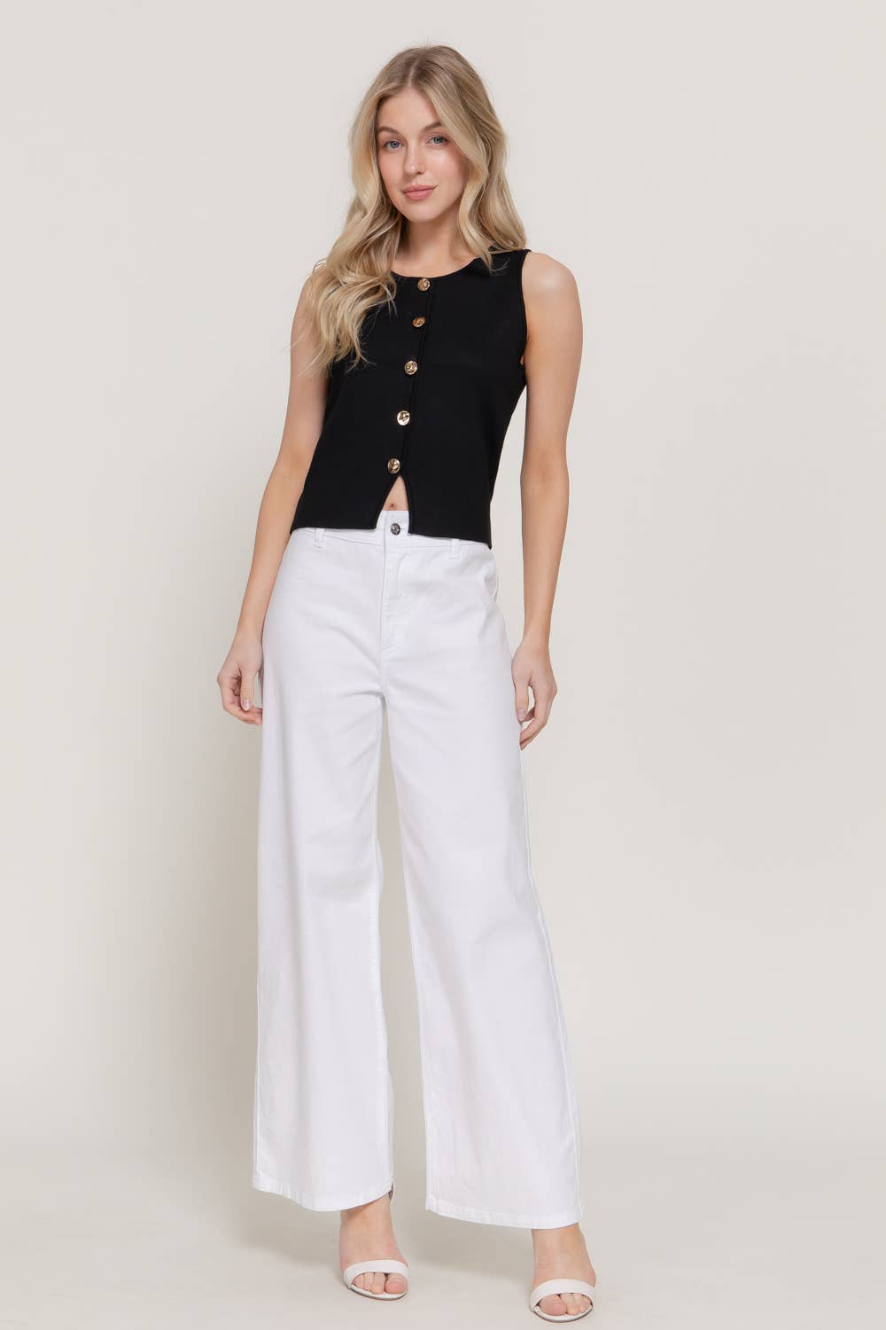 Sleeveless Crew Neck Button Down Sweater Top