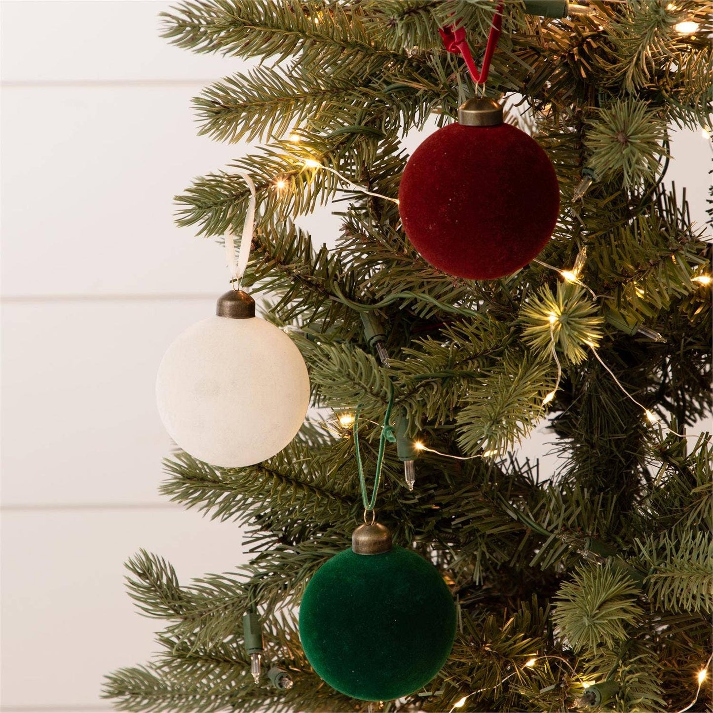 Flocked Ornament Balls Small - Green, Burgundy, Cream