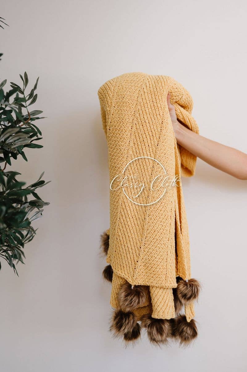 Chenille Pom Blanket Mustard
