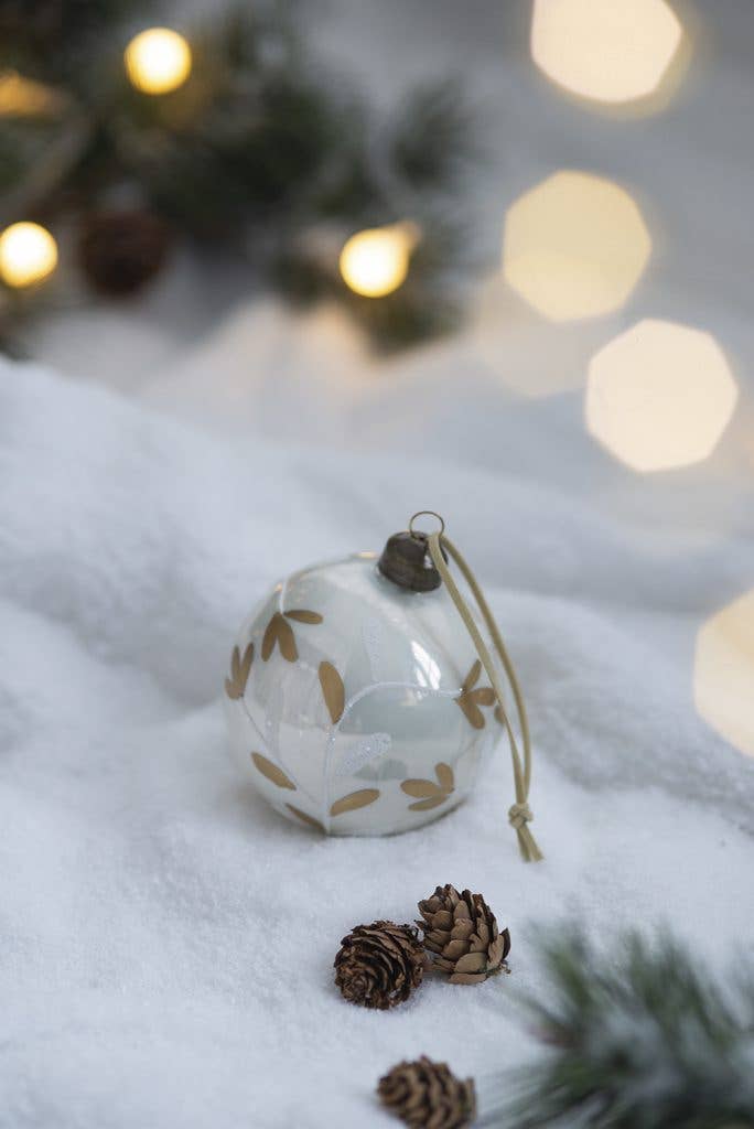 D3" Glass Xmas Ball Ornament - White/Gold