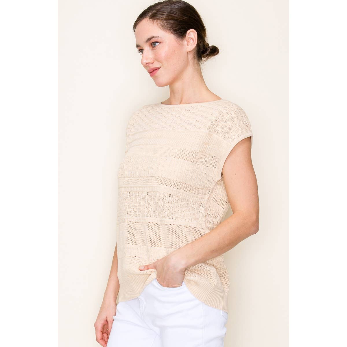 White Pointelle Crochet Sleeveless Sweater