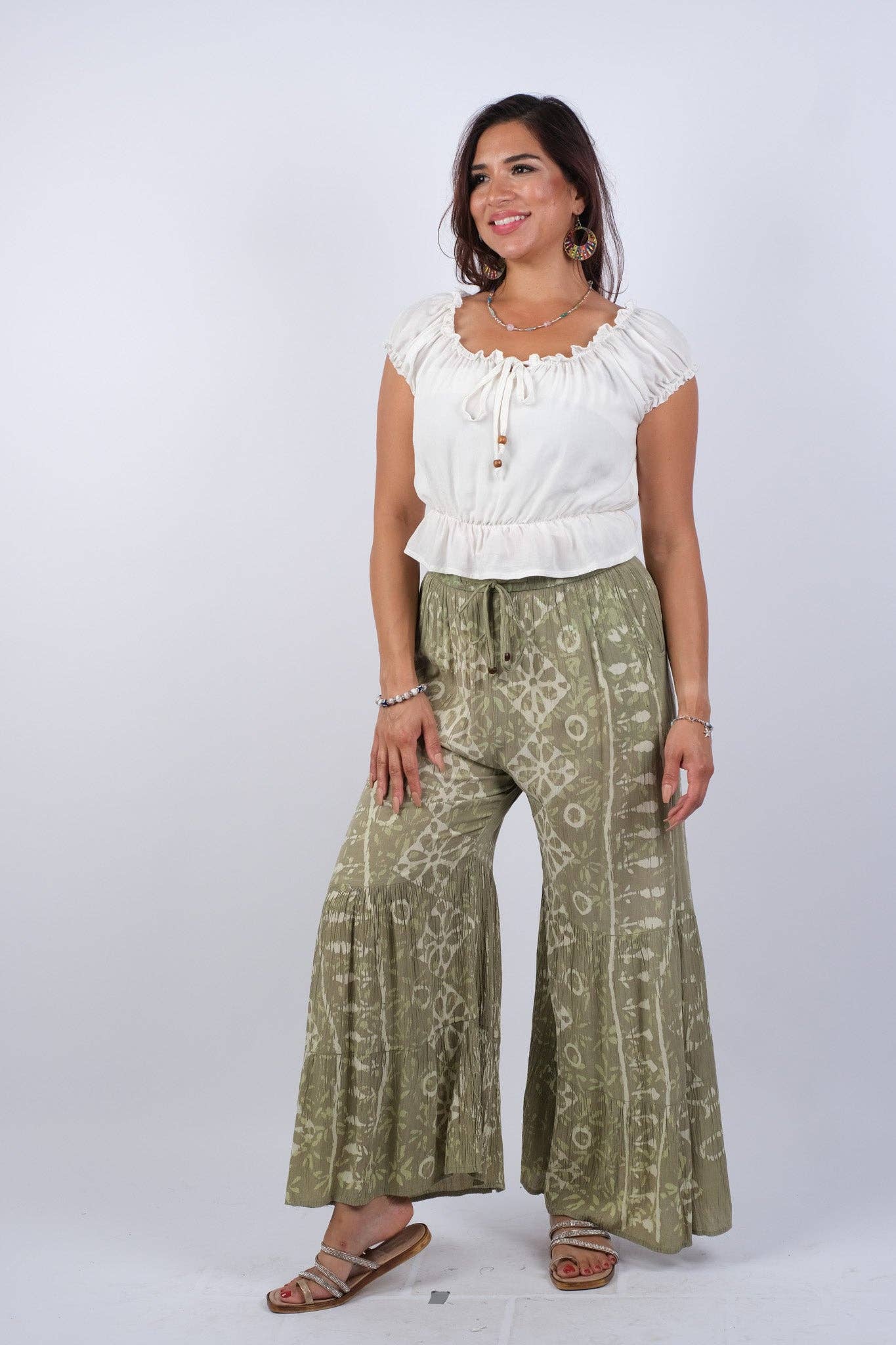 Olive Blockprint Flared Hippie Pants