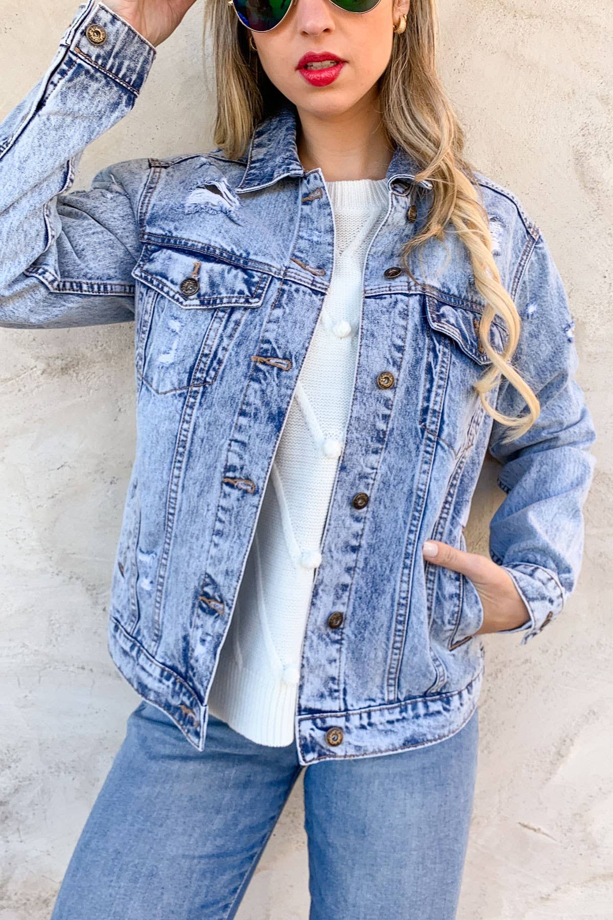Blue Distressed Casual Denim Jacket