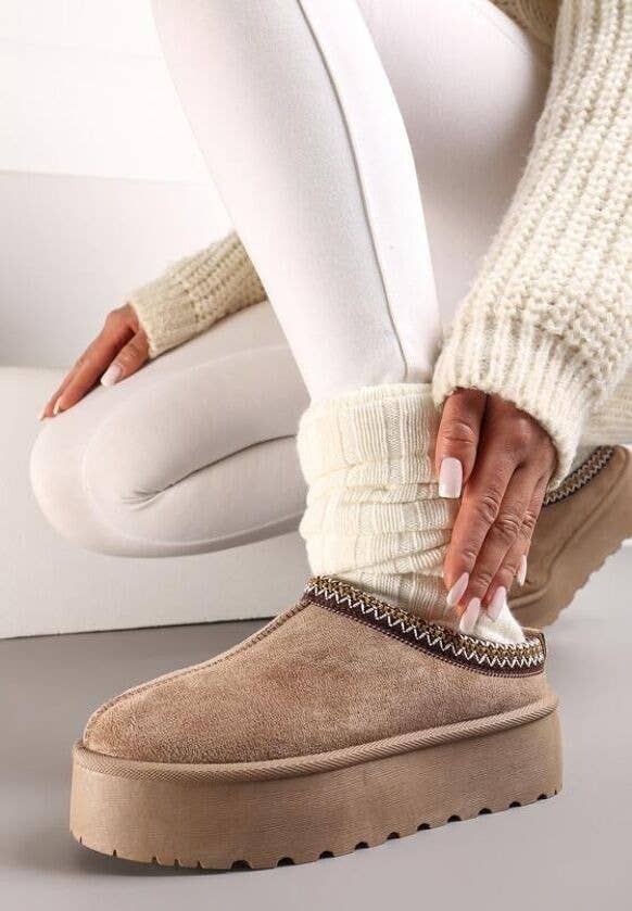 FAUX FUR PLATFOM SLIPPERS COZY FLUFFY ANKLE BOOTS: CHESTNUT / Standard / UK6/US8