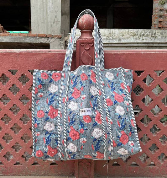 Grocery Bag Quilted Cotton Shopping Block Print Bag Tote Bag