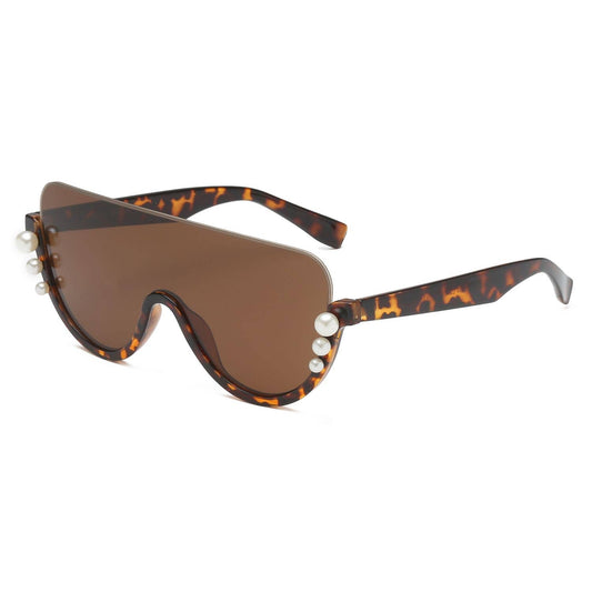 Fashion Semi-Rimless Chic Round Pearl Design Sunglasses