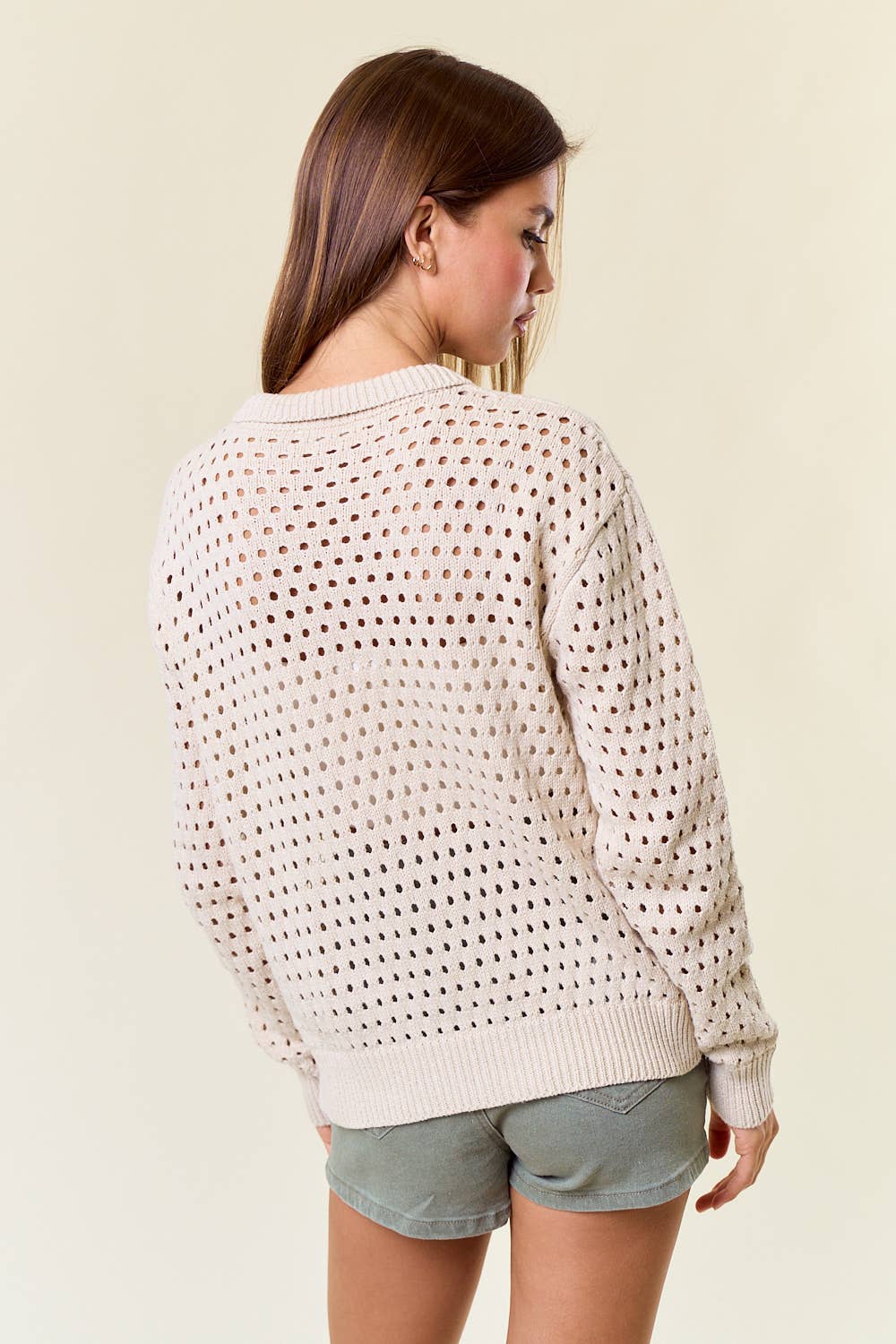 Crochet Vneck LS Polo Top