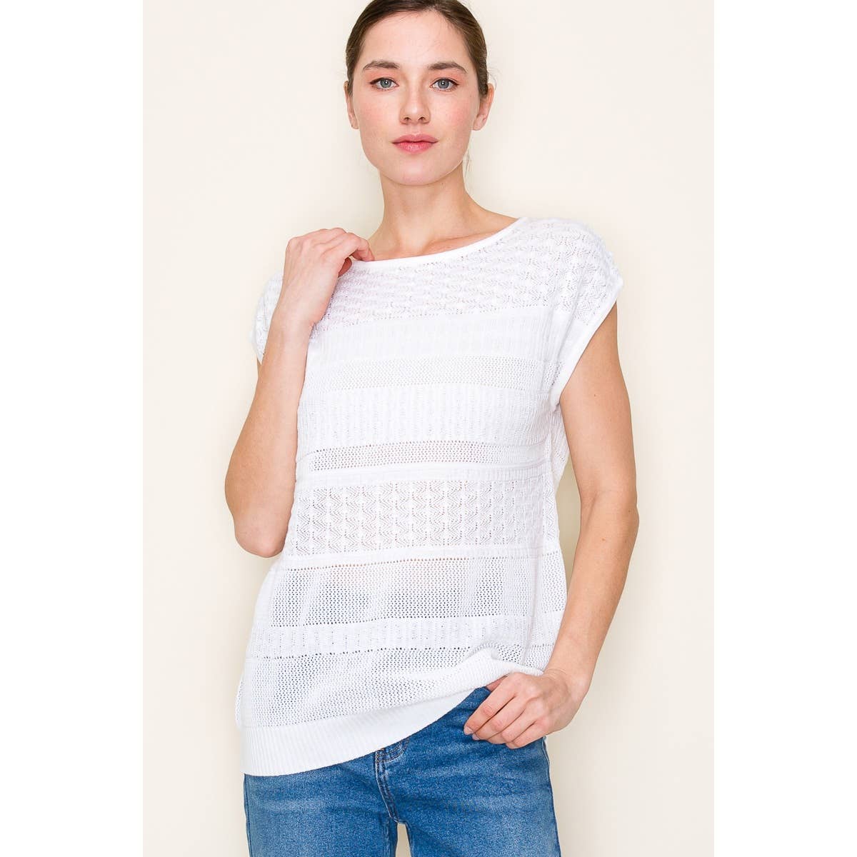 White Pointelle Crochet Sleeveless Sweater