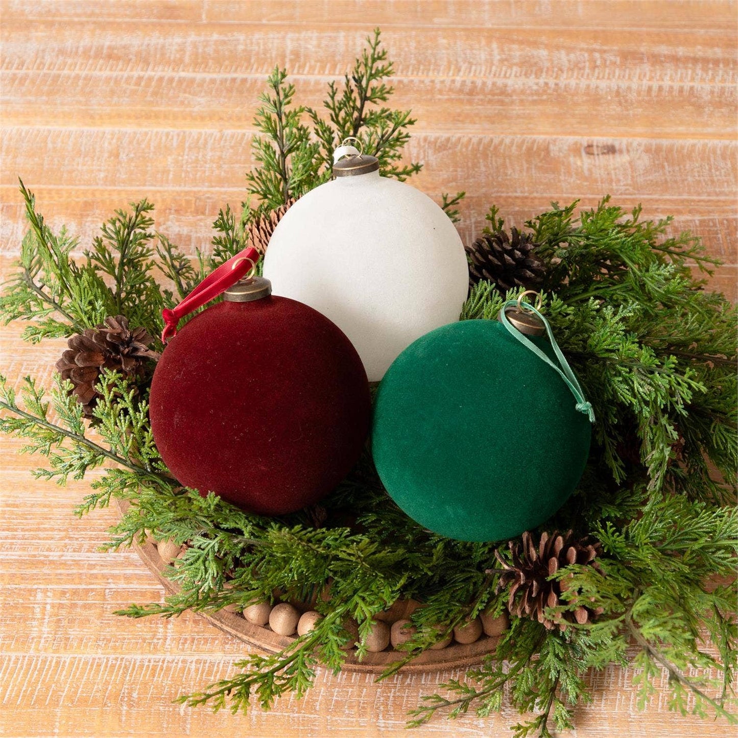 Flocked Ornament Balls - Green, Burgundy, Cream,